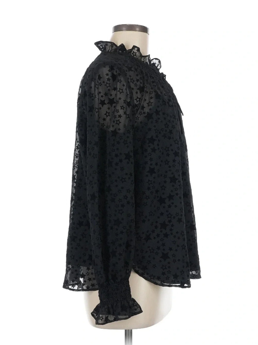 LOFT Black Star-Print Sheer Ruffle Tie-Neck Blouse - Picture 3 of 7